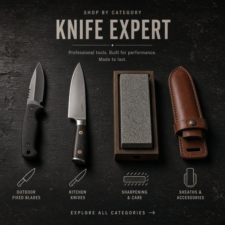 Outdoor and kitchen knife gear arranged on a work table